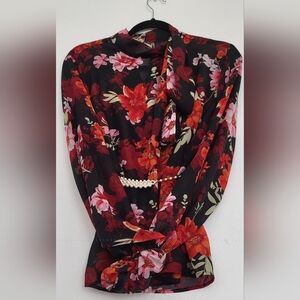Floral Chiffon Blouse - Black, Red and Pink,  Medium, Long Sleeve.
